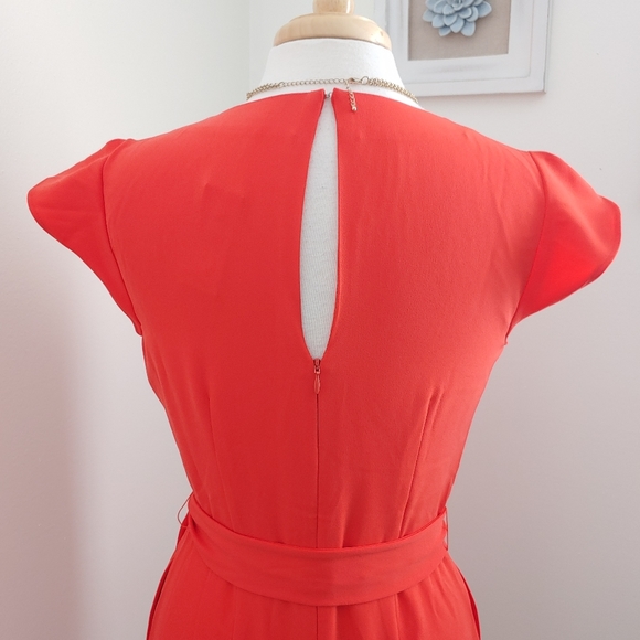 (SOLD) Ann Taylor Coral Ruffle Short Sleeve Plunge Belted Tie Waist Romper - Picture 5 of 8